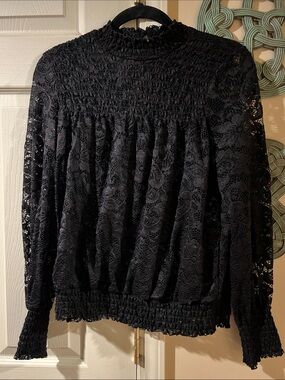 Black Lace Smocked Long-Sleeve Top Cable and Gauge Worn 1 time